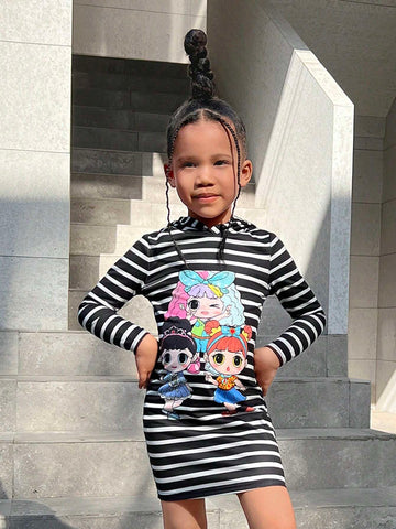 Young Girl  Casual Sports Striped Knit Hooded Pullover Dress
