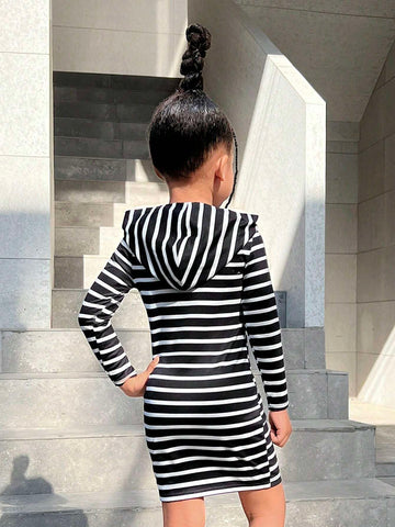 Young Girl  Casual Sports Striped Knit Hooded Pullover Dress
