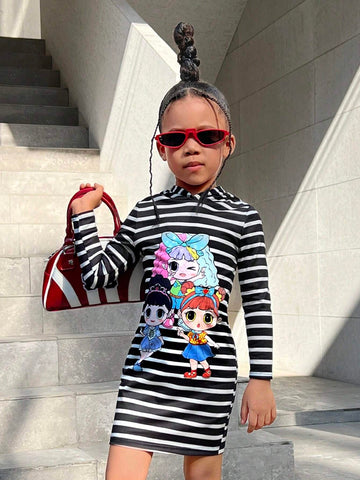 Young Girl  Casual Sports Striped Knit Hooded Pullover Dress