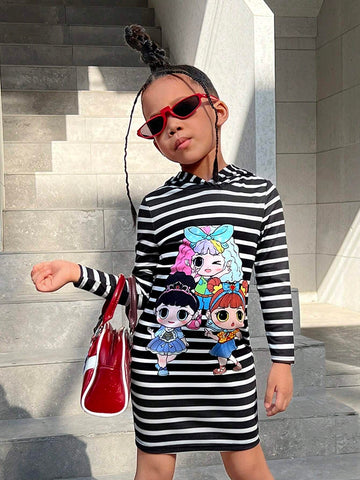 Young Girl  Casual Sports Striped Knit Hooded Pullover Dress