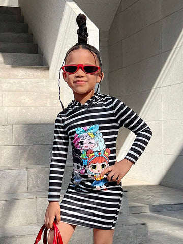 Young Girl  Casual Sports Striped Knit Hooded Pullover Dress