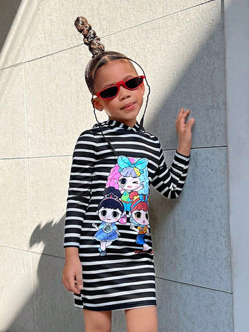 Young Girl  Casual Sports Striped Knit Hooded Pullover Dress