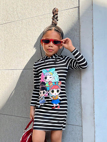 Young Girl  Casual Sports Striped Knit Hooded Pullover Dress