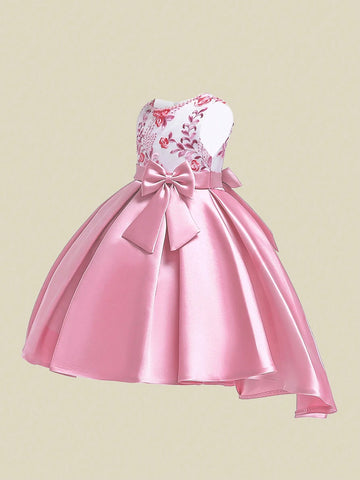 Young Girl Satin Embroidered Floral Pattern Decorated Princess Dress