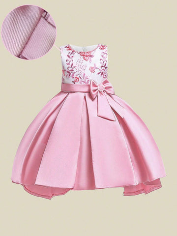 Young Girl Satin Embroidered Floral Pattern Decorated Princess Dress
