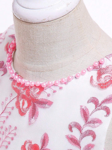 Young Girl Satin Embroidered Floral Pattern Decorated Princess Dress