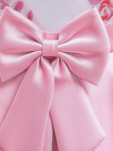 Young Girl Satin Embroidered Floral Pattern Decorated Princess Dress