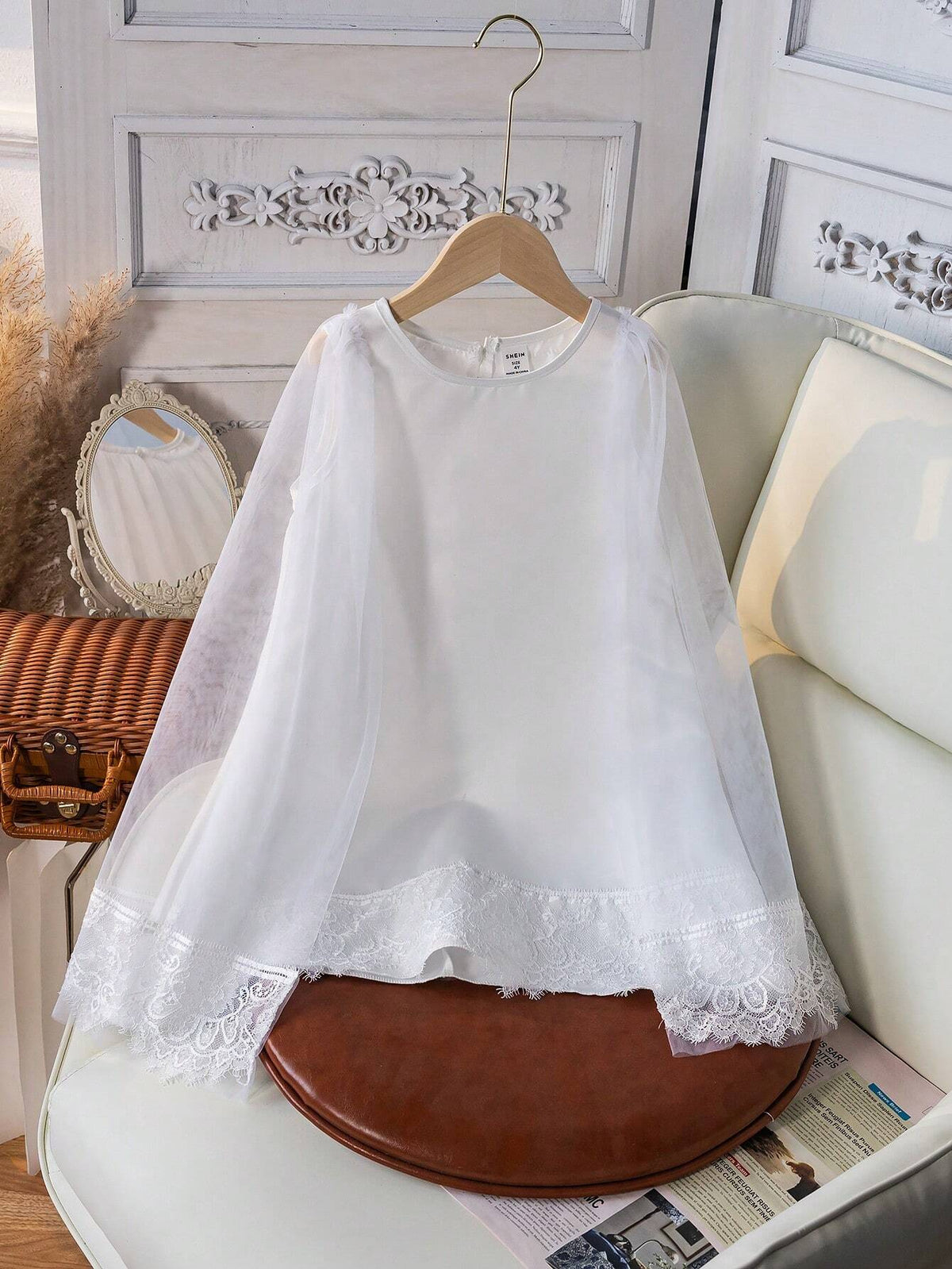 Young Girl Satin Shawl Net Veil Lace Flower Dress, Suitable For Parties, Gatherings, Performances, Wedding Season, Summer