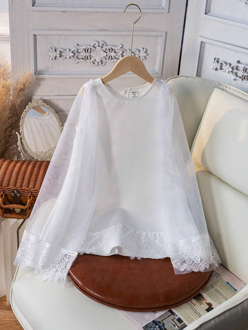 Young Girl Satin Shawl Net Veil Lace Flower Dress, Suitable For Parties, Gatherings, Performances, Wedding Season, Summer