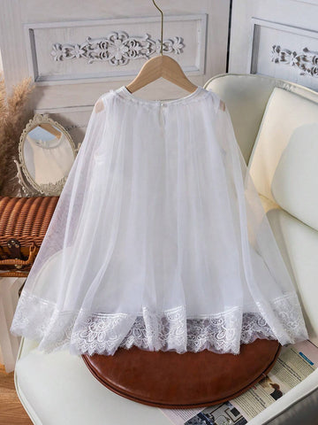 Young Girl Satin Shawl Net Veil Lace Flower Dress, Suitable For Parties, Gatherings, Performances, Wedding Season, Summer