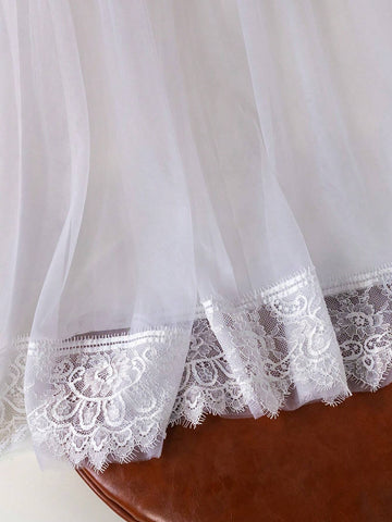 Young Girl Satin Shawl Net Veil Lace Flower Dress, Suitable For Parties, Gatherings, Performances, Wedding Season, Summer