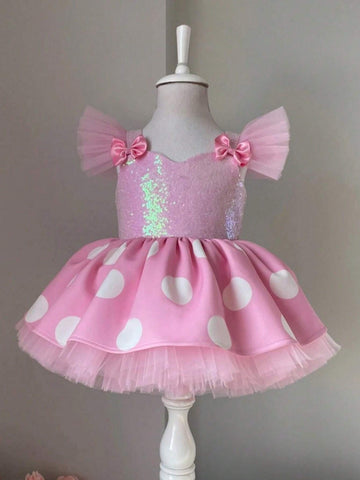 Young Girl Sequin Bow Tulle Cap Sleeve Polka Dot Princess Dress, Suitable For Birthday Party, Flower Girl, Wedding, Halloween Cosplay, Makeup Party, Prom Gown