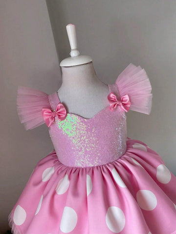 Young Girl Sequin Bow Tulle Cap Sleeve Polka Dot Princess Dress, Suitable For Birthday Party, Flower Girl, Wedding, Halloween Cosplay, Makeup Party, Prom Gown