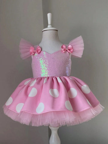Young Girl Sequin Bow Tulle Cap Sleeve Polka Dot Princess Dress, Suitable For Birthday Party, Flower Girl, Wedding, Halloween Cosplay, Makeup Party, Prom Gown