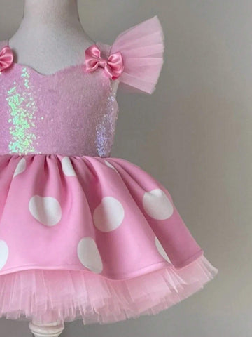 Young Girl Sequin Bow Tulle Cap Sleeve Polka Dot Princess Dress, Suitable For Birthday Party, Flower Girl, Wedding, Halloween Cosplay, Makeup Party, Prom Gown