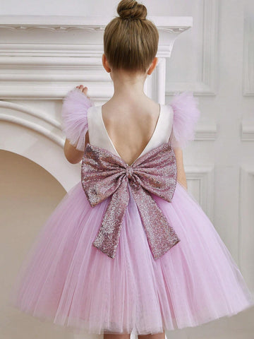 Young Girl Sequin Bow Tulle Princess Dress For Birthday Party, Formal Occasion, Halloween, Wedding Flower Girl