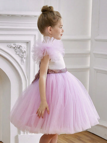Young Girl Sequin Bow Tulle Princess Dress For Birthday Party, Formal Occasion, Halloween, Wedding Flower Girl