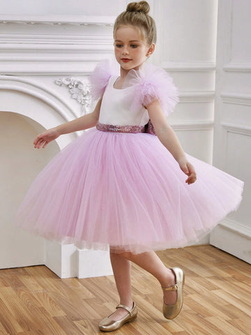 Young Girl Sequin Bow Tulle Princess Dress For Birthday Party, Formal Occasion, Halloween, Wedding Flower Girl