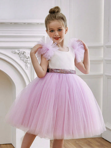 Young Girl Sequin Bow Tulle Princess Dress For Birthday Party, Formal Occasion, Halloween, Wedding Flower Girl