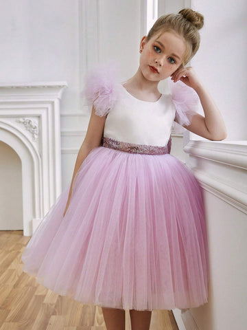Young Girl Sequin Bow Tulle Princess Dress For Birthday Party, Formal Occasion, Halloween, Wedding Flower Girl