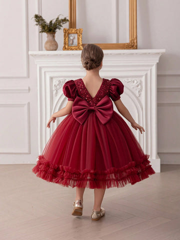 Young Girl Sequin Bowknot Puff Sleeve Tulle Princess Dress