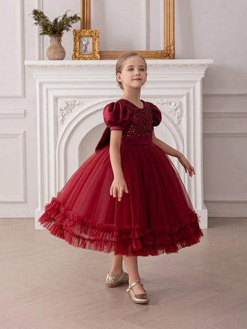 Young Girl Sequin Bowknot Puff Sleeve Tulle Princess Dress