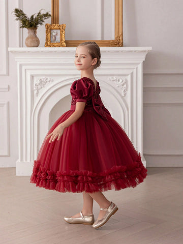 Young Girl Sequin Bowknot Puff Sleeve Tulle Princess Dress