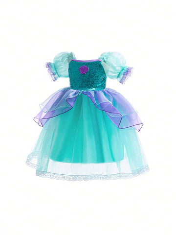 Young Girl Sequin Contrasting Color Puff Sleeve Princess Dress, Suitable For Roleplay Party