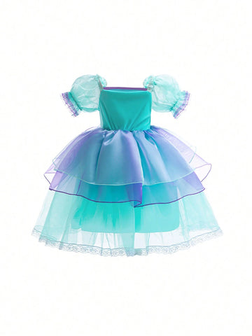 Young Girl Sequin Contrasting Color Puff Sleeve Princess Dress, Suitable For Roleplay Party