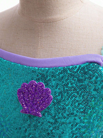 Young Girl Sequin Contrasting Color Puff Sleeve Princess Dress, Suitable For Roleplay Party