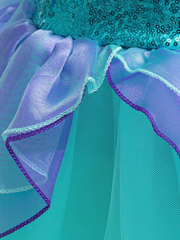 Young Girl Sequin Contrasting Color Puff Sleeve Princess Dress, Suitable For Roleplay Party