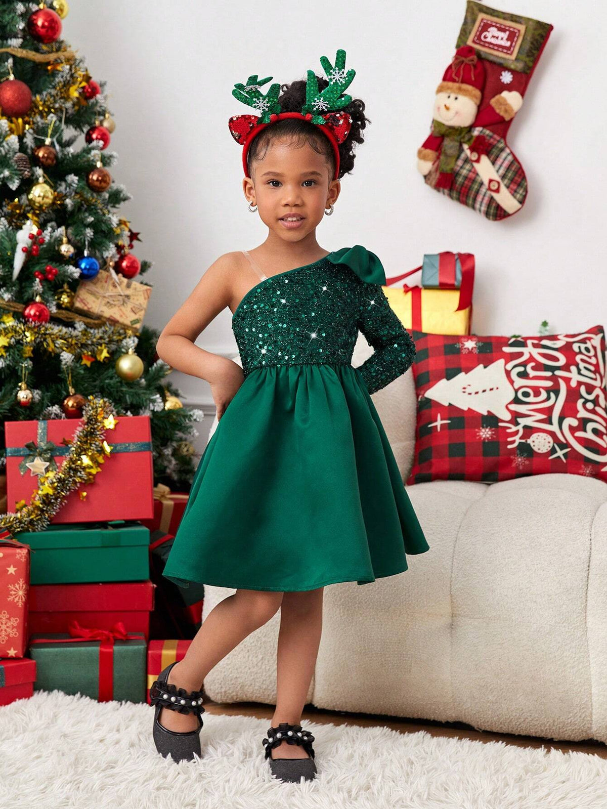 Young Girl Sequins Patchwork Satin Dress For Christmas