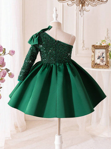 Young Girl Sequins Patchwork Satin Dress For Christmas