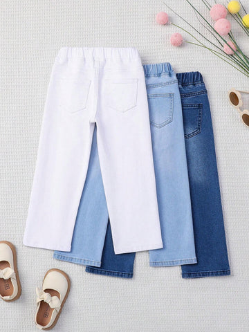 Young Girl Set Of 3 Elastic And Slim Fit Casual Jeans With Pockets