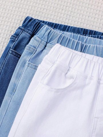 Young Girl Set Of 3 Elastic And Slim Fit Casual Jeans With Pockets
