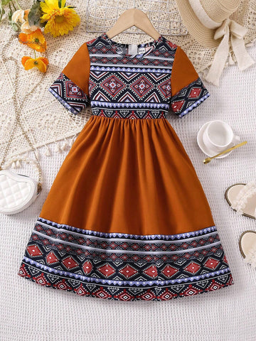 Young Girl Short-Sleeved Vacation Geometric Print Splice Dress With Gathered Waist