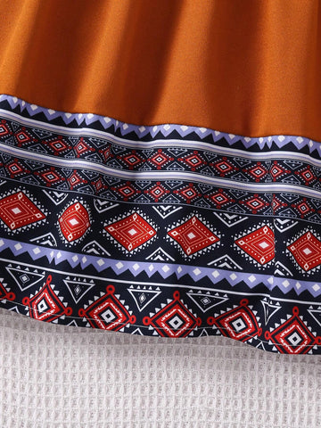 Young Girl Short-Sleeved Vacation Geometric Print Splice Dress With Gathered Waist