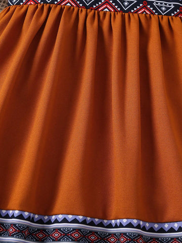 Young Girl Short-Sleeved Vacation Geometric Print Splice Dress With Gathered Waist