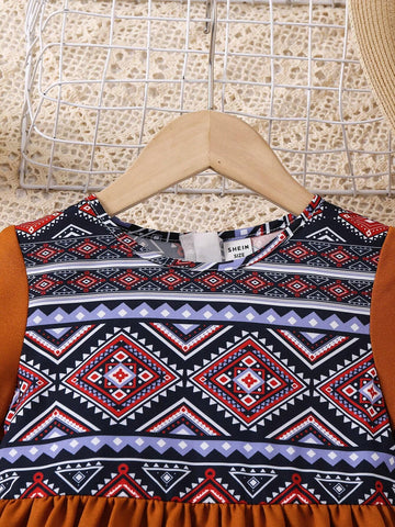 Young Girl Short-Sleeved Vacation Geometric Print Splice Dress With Gathered Waist