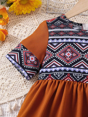 Young Girl Short-Sleeved Vacation Geometric Print Splice Dress With Gathered Waist