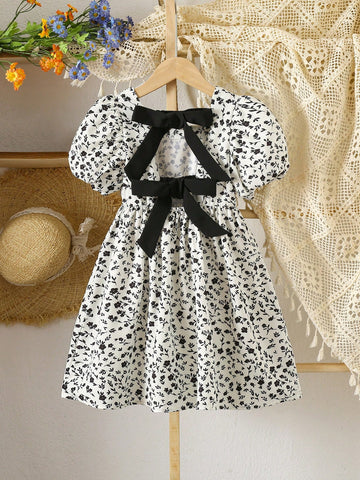 Young Girl Short Sleeve Bowknot Decor Dress, Fashionable For Summer