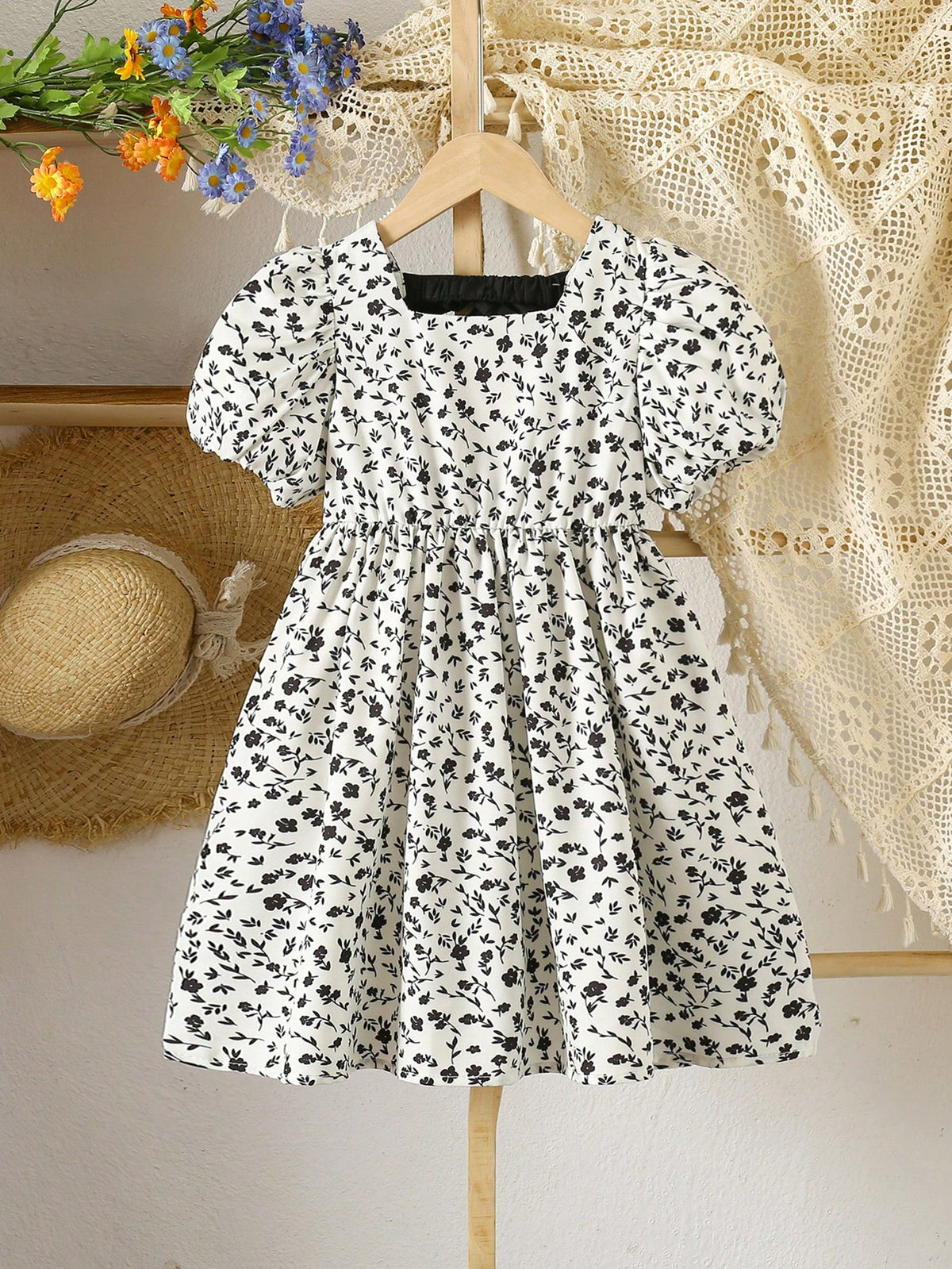 Young Girl Short Sleeve Bowknot Decor Dress, Fashionable For Summer