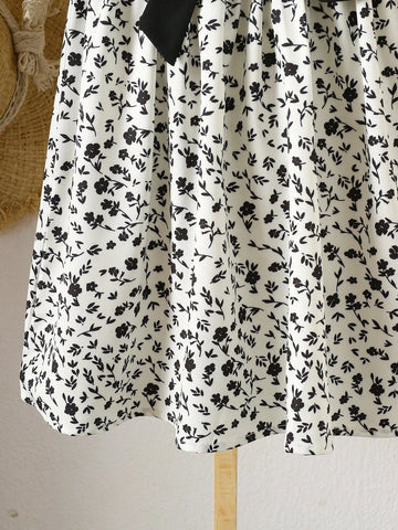 Young Girl Short Sleeve Bowknot Decor Dress, Fashionable For Summer