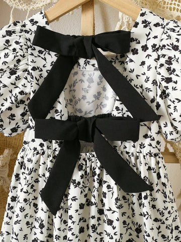 Young Girl Short Sleeve Bowknot Decor Dress, Fashionable For Summer