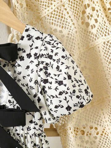 Young Girl Short Sleeve Bowknot Decor Dress, Fashionable For Summer