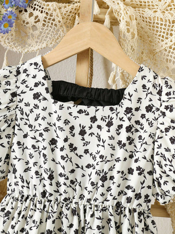 Young Girl Short Sleeve Bowknot Decor Dress, Fashionable For Summer