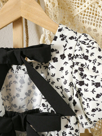 Young Girl Short Sleeve Bowknot Decor Dress, Fashionable For Summer