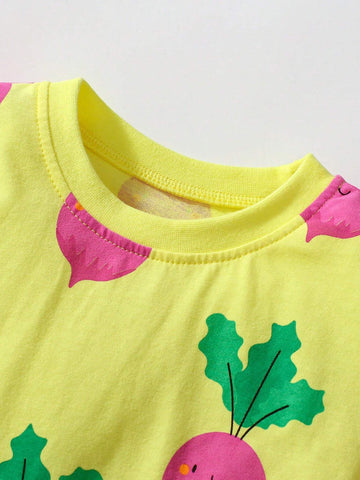 Young Girl Short Sleeve Dress, Cute Carrot Pattern, Summer Daily Wear