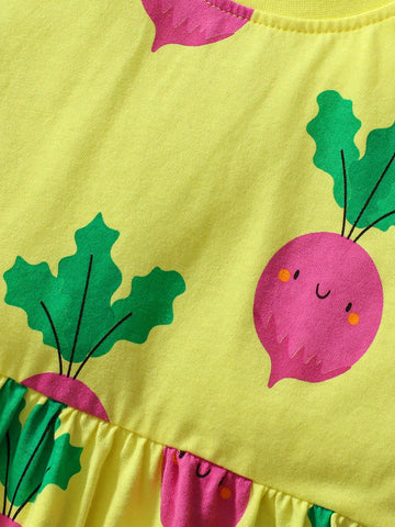 Young Girl Short Sleeve Dress, Cute Carrot Pattern, Summer Daily Wear