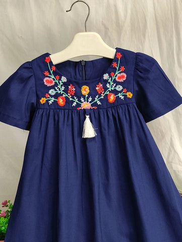 Young Girl Short Sleeve Flowers Embroidered Casual Princess Dress For Party Young Girl Summer Clothes
